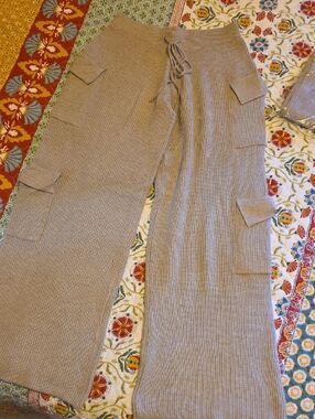 By Together Three Bird Nest[Dream Cloud Soft]-Ribbed Sweater Knit Wide-Leg Cargo